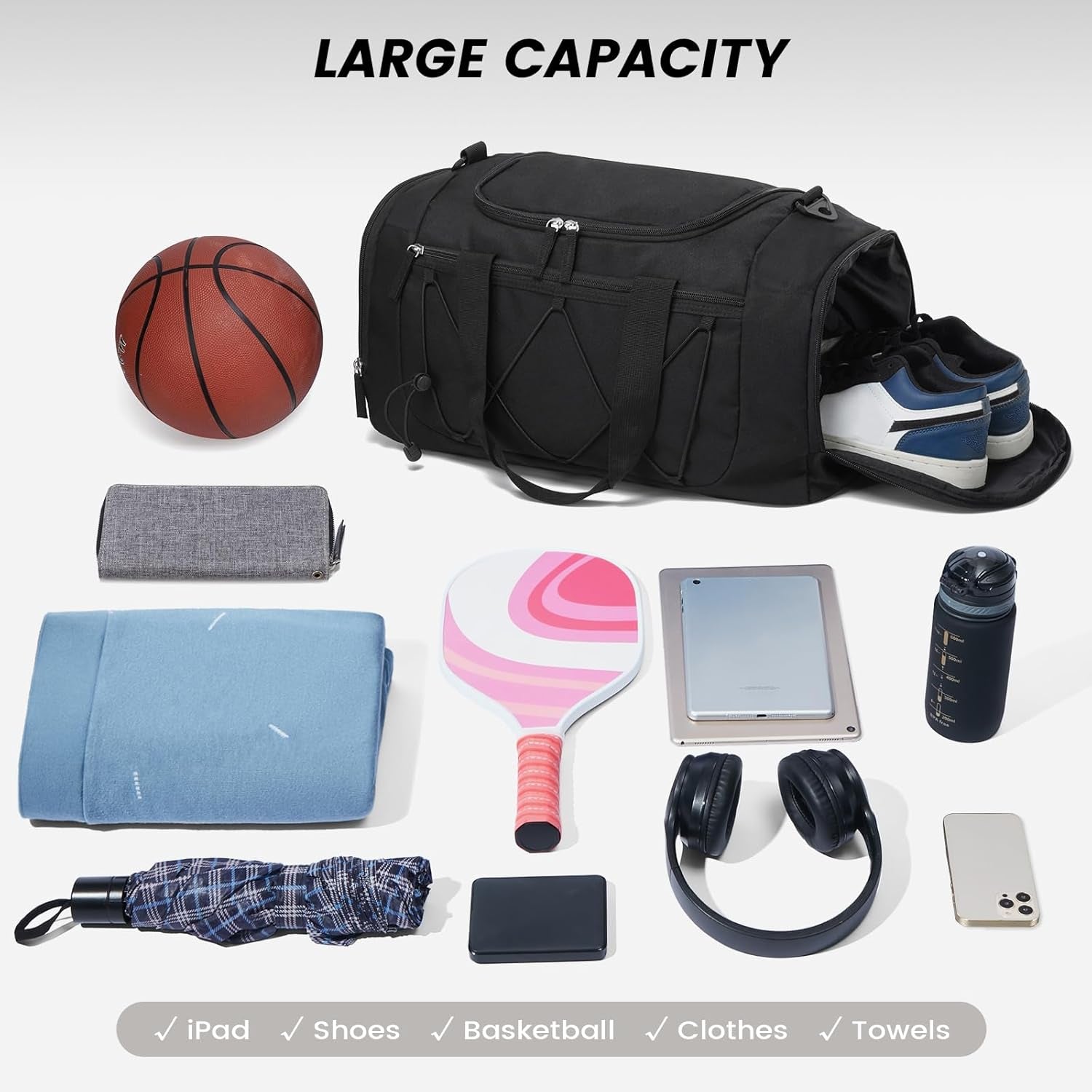 Gym Bag for Men - 18 Inches Small Duffle Bag for Travel Lightweight Duffel Bag with Shoe Compartment Personal Item Travel Bag Weekender Bag for Travel Sports Gym - Black